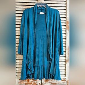 BLUETIME FLOWY OPEN FRONT RUFFLED HEM CARDIGAN Womens M Teal Blue 3/4 Sleeve